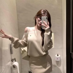 Pure Desire Sexy Slim Off-Shoulder Sweater Dress French Loose Slim Temperament Design Sloping Shoulder Long Sleeve Skirt