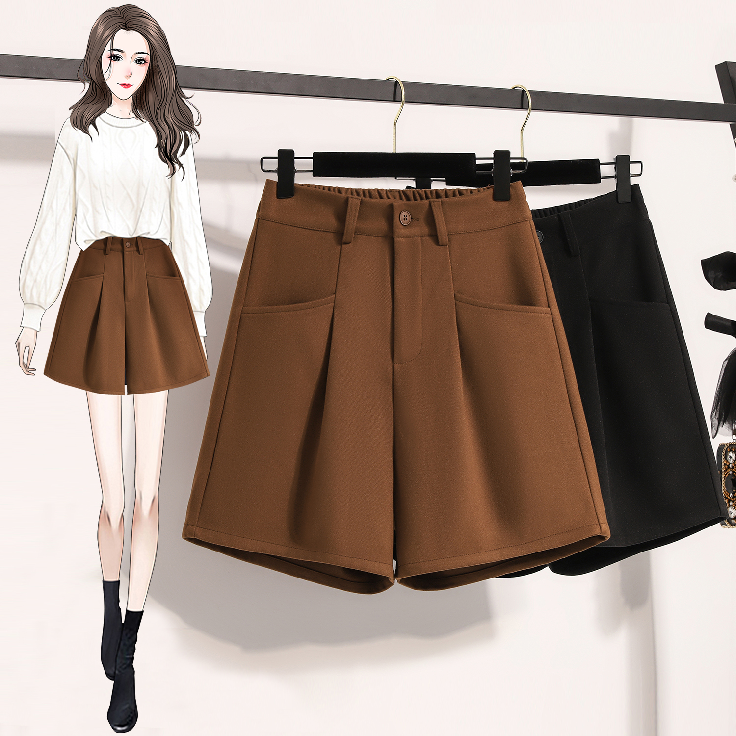 66626 Real Shot~ Plus Size Woolen Five-Finger Shorts for Women Autumn/Winter High-Waist Versatile Loose Outer Wearing Wide Leg Boot Pants