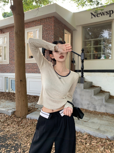 Actual shot~Korean style simple and versatile round neck autumn letter print contrast color long-sleeved T-shirt for women