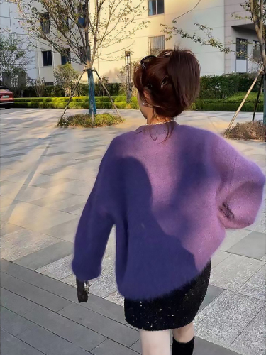 Purple round neck mink sweater for women autumn and winter 2024 new loose and lazy style long-sleeved knitted top