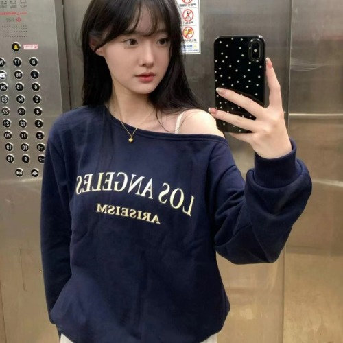 American retro oblique shoulder long-sleeved lazy chic sweatshirt for women spring and autumn 2024 new design niche top