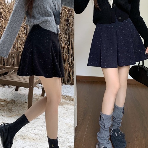 Actual shot of 2024 fashionable polka-dot woolen skirt for women autumn and winter new Korean style versatile pleated A-line skirt