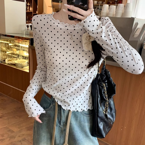 Actual shot of 65 cotton, 30 polyester, 5 spandex, autumn new polka-dot fungus edge round neck long-sleeved T-shirt for women