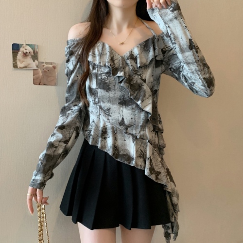 American retro ink painting irregular long-sleeved T-shirt for women in autumn