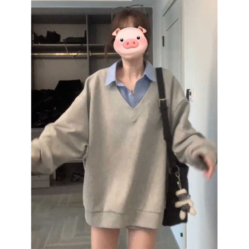 Polo collar fake two-piece gray sweatshirt for women spring and autumn Korean style college style lazy loose loose top
