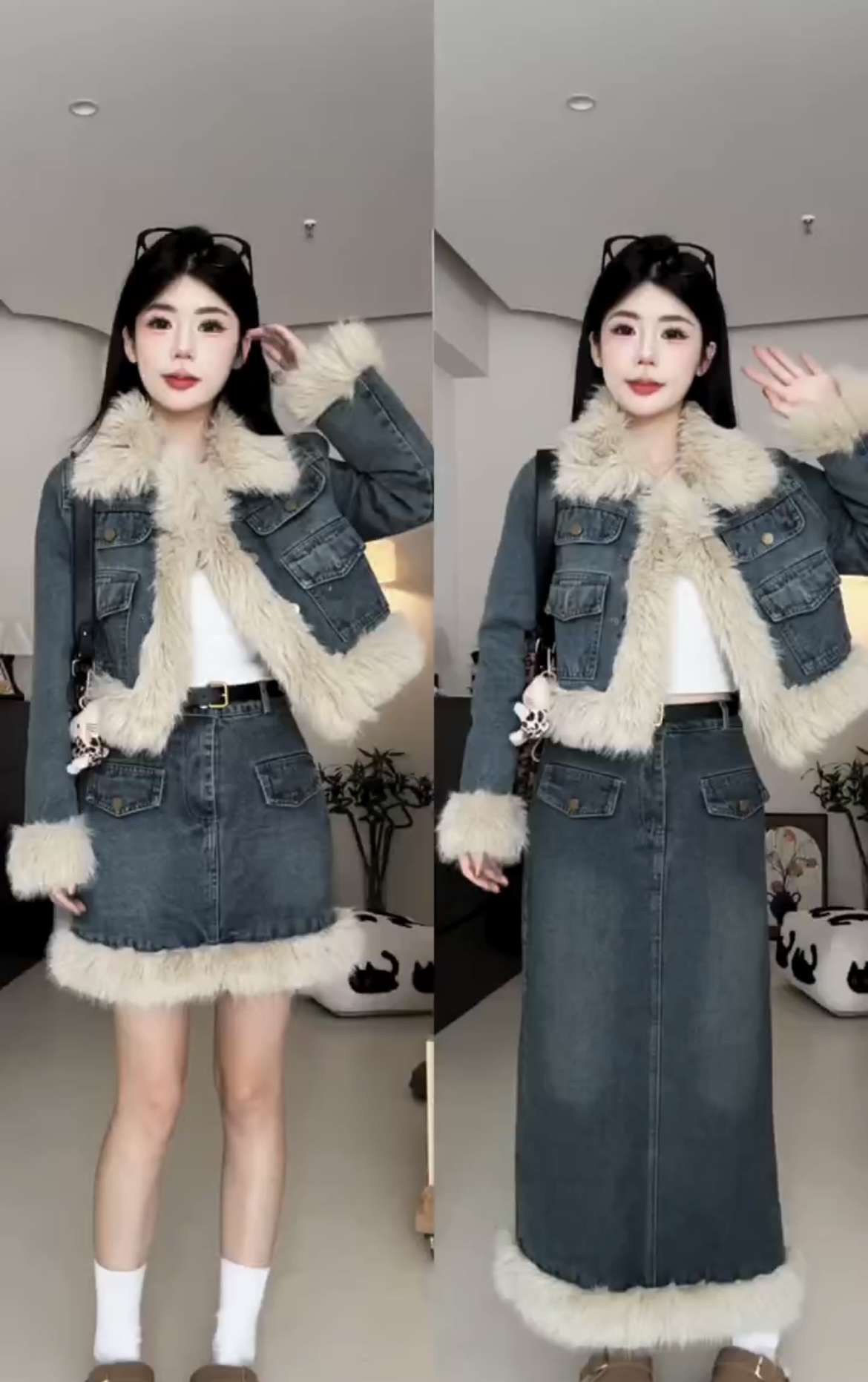時尚牛仔套裝女冬季新款美拉德風加厚毛毛拼接短外套半身裙兩件套