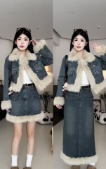 Women's Fashion Denim Set Winter New Mustard Color Thick Plush Stitched Short Jacket and Skirt Two-Piece Set