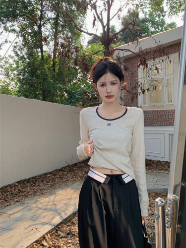 Actual shot~Korean style simple and versatile round neck autumn letter print contrast color long-sleeved T-shirt for women