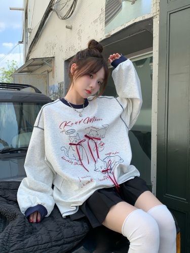 kumikumi American casual cat bow long-sleeved T-shirt women's early autumn loose mid-length pullover top