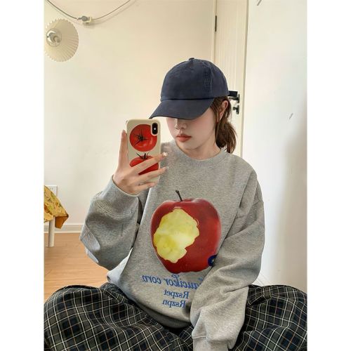 Pure cotton American retro gray round neck sweatshirt for women spring and autumn new fun apple oversize long-sleeved top