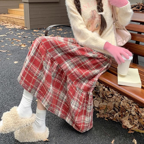 Cake skirt women's 2024 autumn and winter high-waisted a-line umbrella skirt slimming Japanese retro mid-length woolen plaid skirt