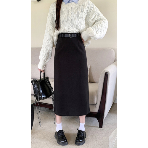 Thickened woolen black skirt for women in autumn and winter, new temperament, high-end, versatile straight high-waisted A-line hip skirt