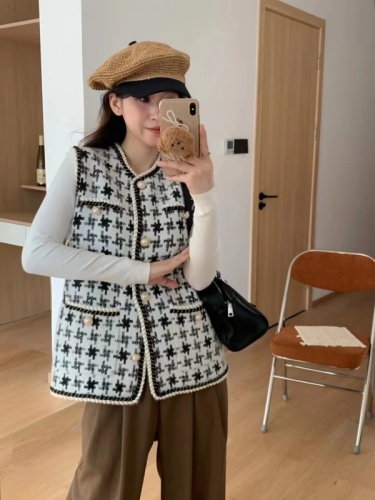 Houndstooth plaid foreign style imitation mink velvet women's autumn and winter clothing 2024 new high-end small fragrant vest