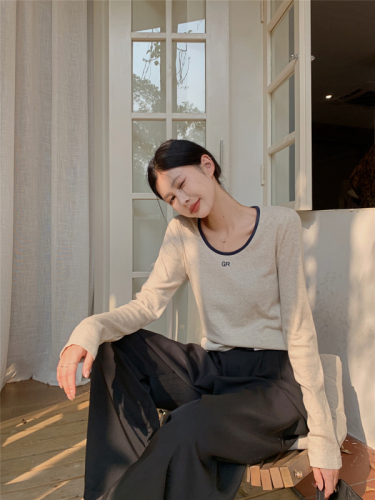 Actual shot~Korean style simple and versatile round neck autumn letter print contrast color long-sleeved T-shirt for women