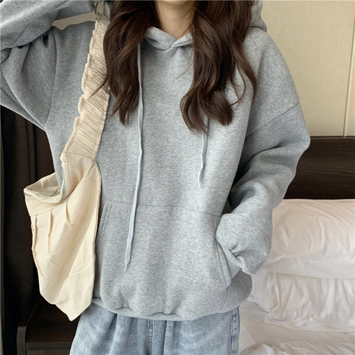 Actual shot ~ New version of Korean style autumn and winter velvet thickened hooded warm and versatile pullover sweatshirt