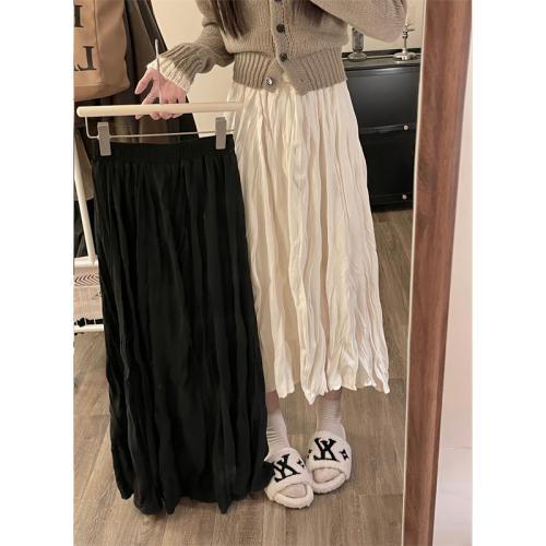 Temperament and versatile simple elastic waist pleated skirt women's autumn and winter new high-waisted solid color a-line skirt mid-length skirt