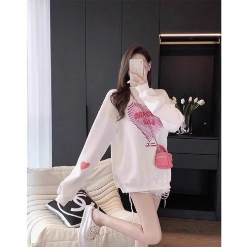 Pure cotton white sweatshirt for women 2024 new style fashionable loose spring, autumn and winter velvet thickened mid-length top trendy