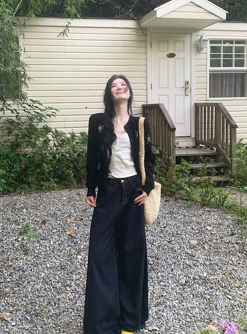 Real Shot Deep Blue Denim Wide Leg Pants High-Waisted Slimming + Black Glitter Cardigan Women's Short Jacket