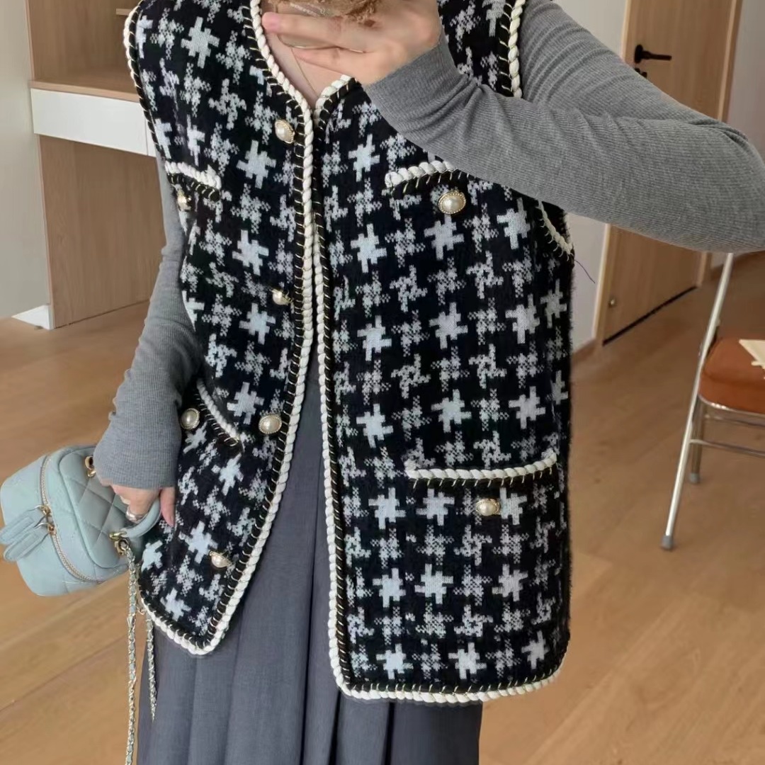 Houndstooth plaid foreign style imitation mink velvet women's autumn and winter clothing 2024 new high-end small fragrant vest versatile waistcoat