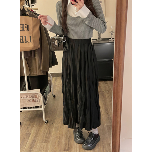 Temperament and versatile simple elastic waist pleated skirt women's autumn and winter new high-waisted solid color a-line skirt mid-length skirt