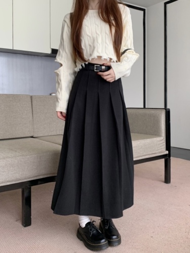 Actual shot of the new Korean version of thickened woolen material, college style suit, high-waisted slimming A-line skirt with belt