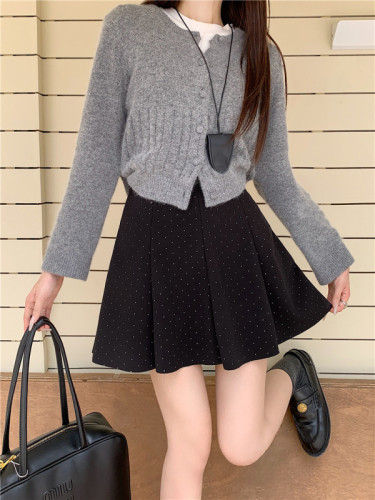 Actual shot of 2024 fashionable polka-dot woolen skirt for women autumn and winter new Korean style versatile pleated A-line skirt