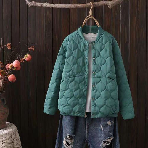 Large size fat mm baseball cotton jacket autumn and winter style women's standing collar loose and fashionable gourd quilted plaid small cotton-padded jacket