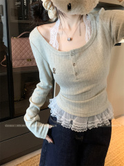 Real shot of designer niche lace splicing long-sleeved T-shirt for women in autumn, chic slimming pullover top
