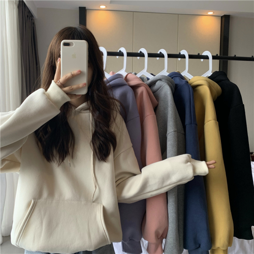 Actual shot ~ New version of Korean style autumn and winter velvet thickened hooded warm and versatile pullover sweatshirt