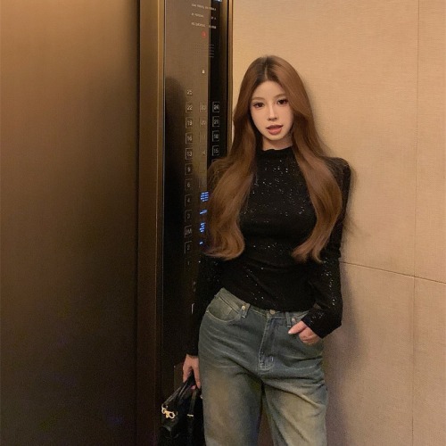 Actual shot ~ Gray long-sleeved half-turtle collar bottoming shirt for women early autumn new high-end slim sexy inner top