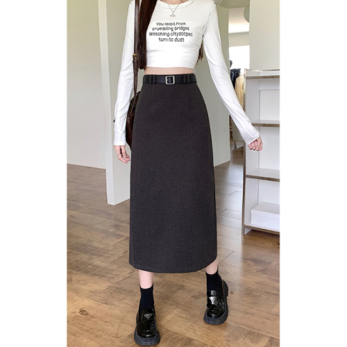 Thickened woolen black skirt for women in autumn and winter, new temperament, high-end, versatile straight high-waisted A-line hip skirt