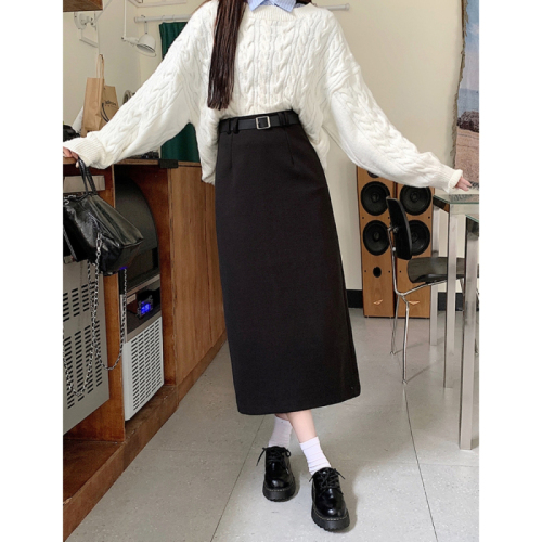 Thickened woolen black skirt for women in autumn and winter, new temperament, high-end, versatile straight high-waisted A-line hip skirt