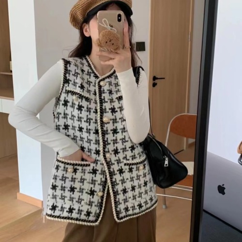 Houndstooth plaid foreign style imitation mink velvet women's autumn and winter clothing 2024 new high-end small fragrant vest