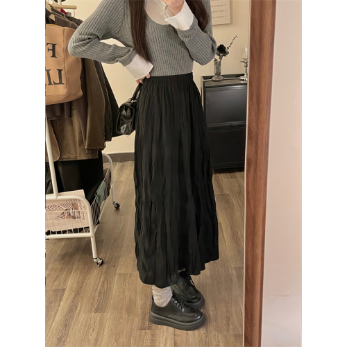 Temperament and versatile simple elastic waist pleated skirt women's autumn and winter new high-waisted solid color a-line skirt mid-length skirt