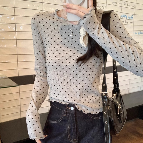 Actual shot of 65 cotton, 30 polyester, 5 spandex, autumn new polka-dot fungus edge round neck long-sleeved T-shirt for women