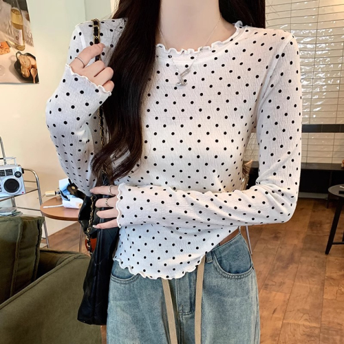 Actual shot of 65 cotton, 30 polyester, 5 spandex, autumn new polka-dot fungus edge round neck long-sleeved T-shirt for women