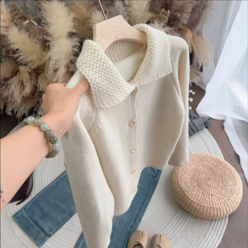 Japanese lazy retro milk fu sweater coat women's autumn and winter loose soft waxy lapel knitted cardigan art student top