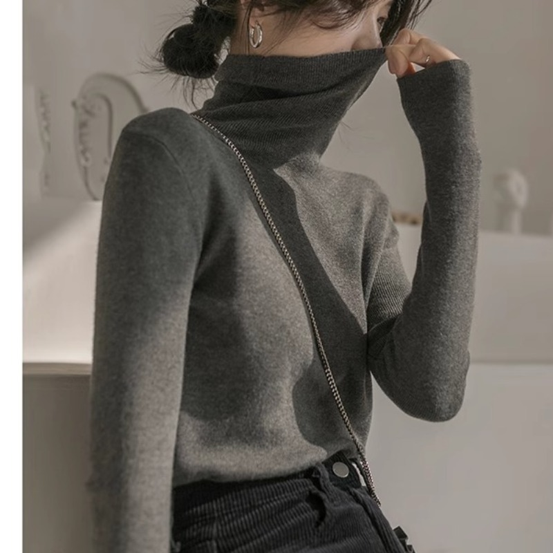 High Collar Cashmere Knit Top for Women 2024 New Autumn Winter Basic Layering T-shirt European Style Trendy and Beautiful Upper Body Outfit