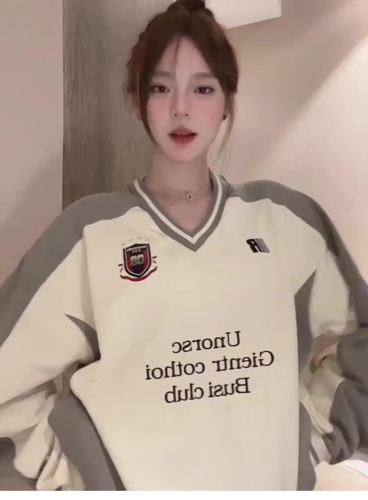 Korean chic American badge v-neck jersey style contrasting color splicing sweatshirt for women spring and autumn new sports loose long sleeves