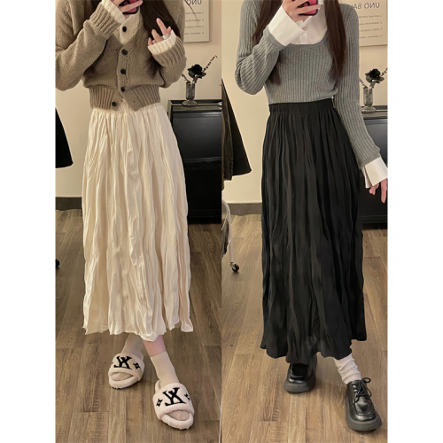 Temperament and versatile simple elastic waist pleated skirt women's autumn and winter new high-waisted solid color a-line skirt mid-length skirt