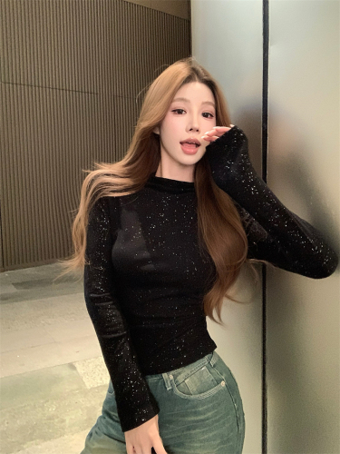 Actual shot ~ Gray long-sleeved half-turtle collar bottoming shirt for women early autumn new high-end slim sexy inner top