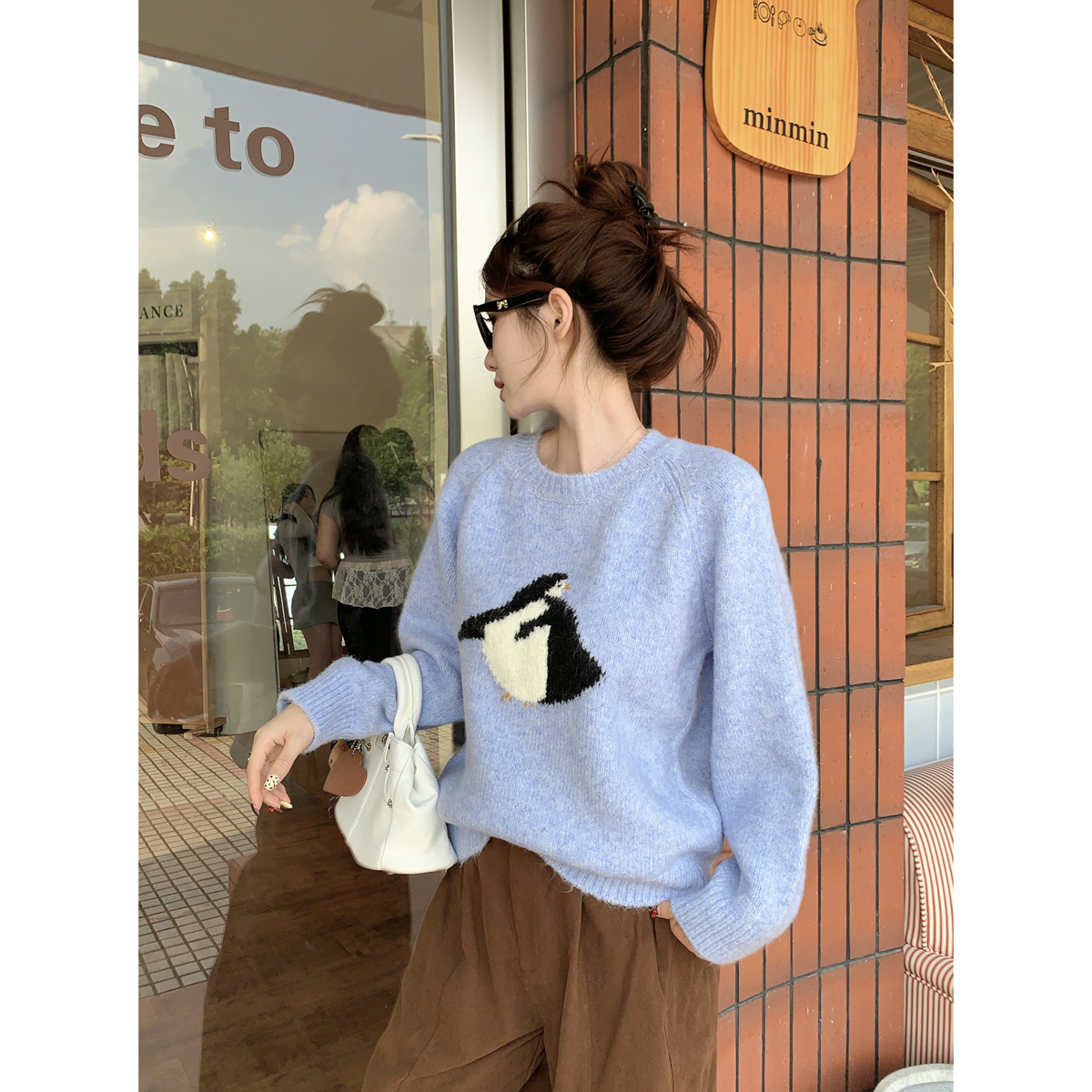 Photographed Autumn/Winter Korean Style Loose Shoulder Lazy Cartoon Embroidered Raccoon Knit Hoodie Top
