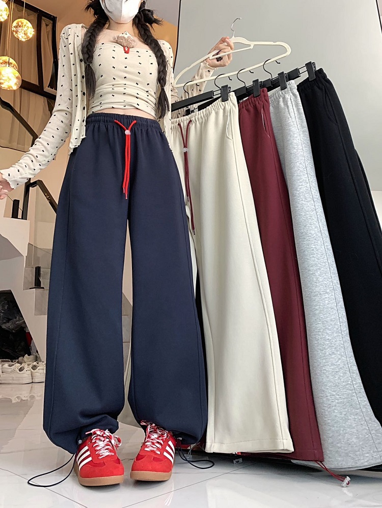 Actual shot of elastic waist and drapey drawstring casual pants for early autumn, new loose high-waist sports style wide-leg pants and floor-length pants