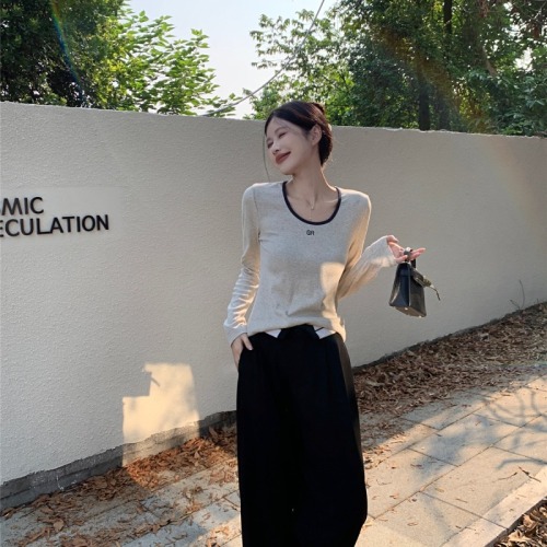 Actual shot~Korean style simple and versatile round neck autumn letter print contrast color long-sleeved T-shirt for women