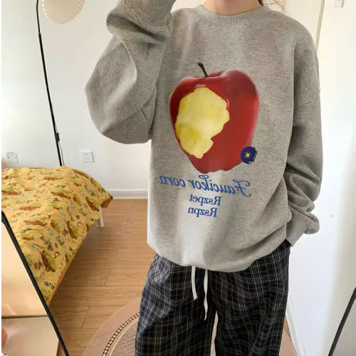 Pure cotton American retro gray round neck sweatshirt for women spring and autumn new fun apple oversize long-sleeved top