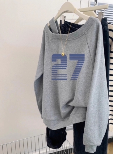 Gray off-shoulder off-shoulder pullover sweatshirt for women early autumn spring 2024 new American trendy brand high-end hooded top