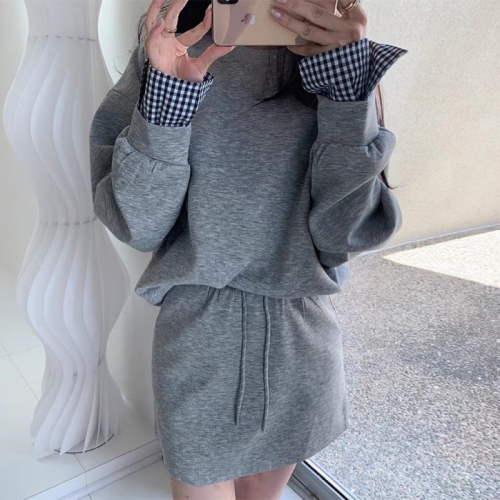 Korean chic autumn and winter French design fake two-piece plaid long-sleeved sweatshirt + A-line skirt for women