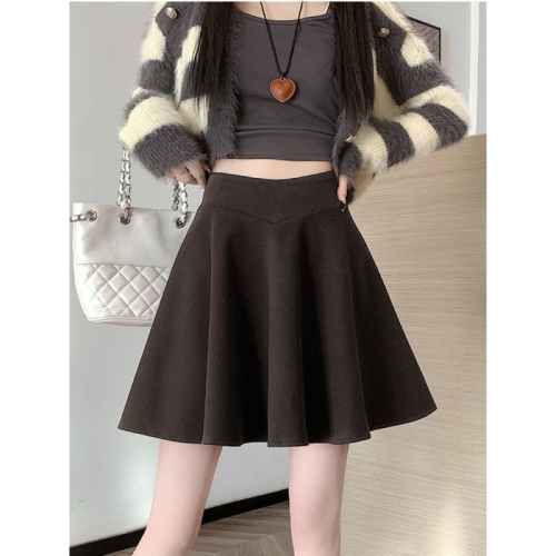 Woolen a-line skirt autumn women's 2024 new black short skirt puff skirt high waist umbrella skirt skirt