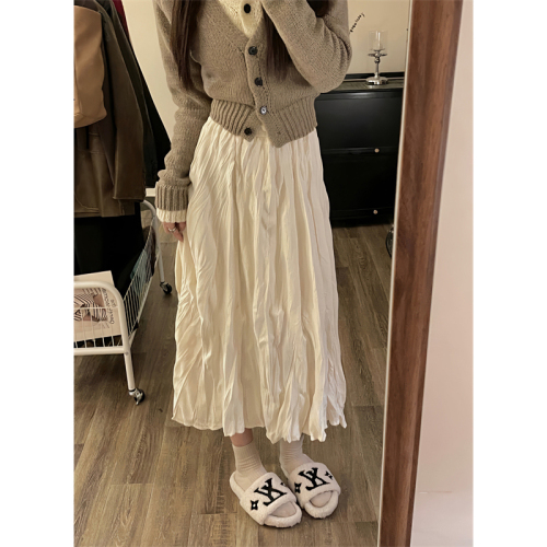 Temperament and versatile simple elastic waist pleated skirt women's autumn and winter new high-waisted solid color a-line skirt mid-length skirt