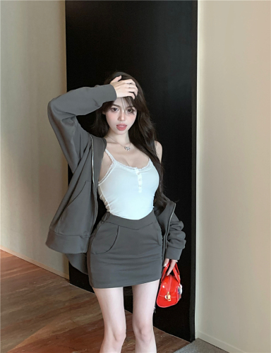 Real shot!  Korean long-sleeved hooded sweatshirt suit women's jacket hip-covering skirt two-piece set